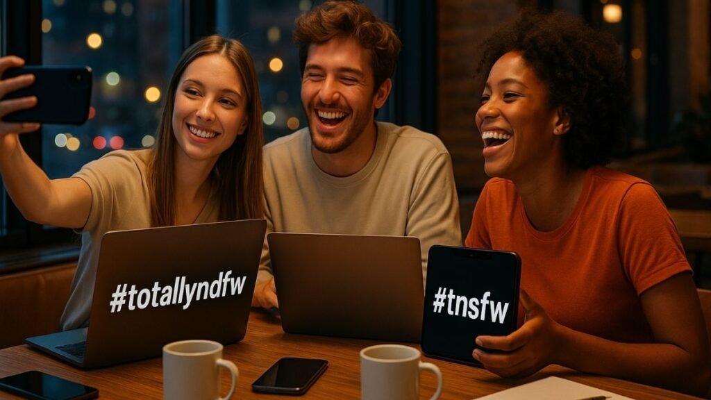 Group of friends hold tech devices written on back totallyndfw.