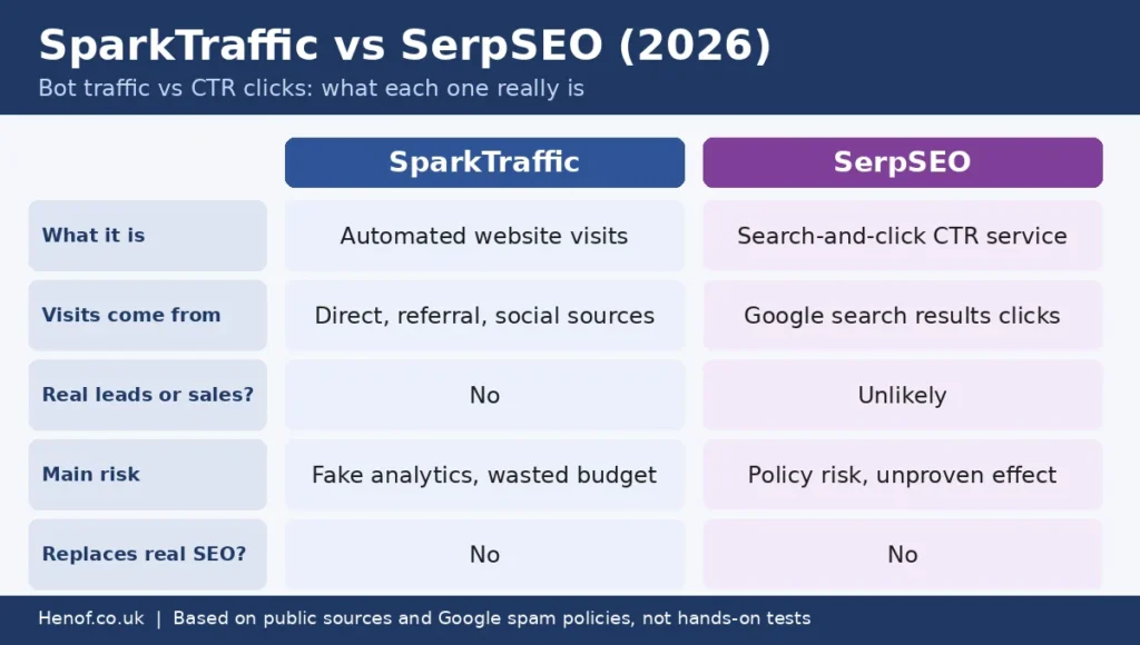 SparkTraffic vs SerpSEO comparison infographic: bot traffic vs CTR clicks